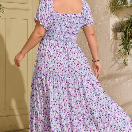 Purple Plus Size Floral Print Square Neck Smocked Maxi Dress