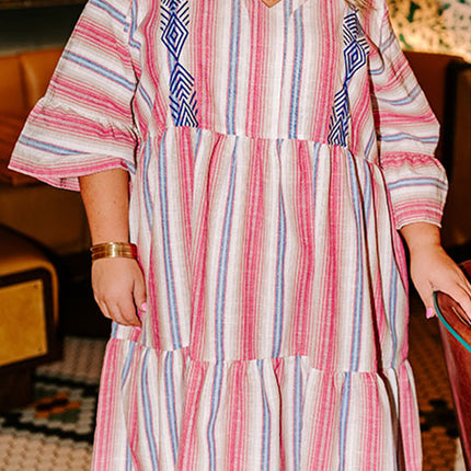 White Stripe Plus Size Embroidered Detail Flared 3/4 Sleeve V Neck Dress