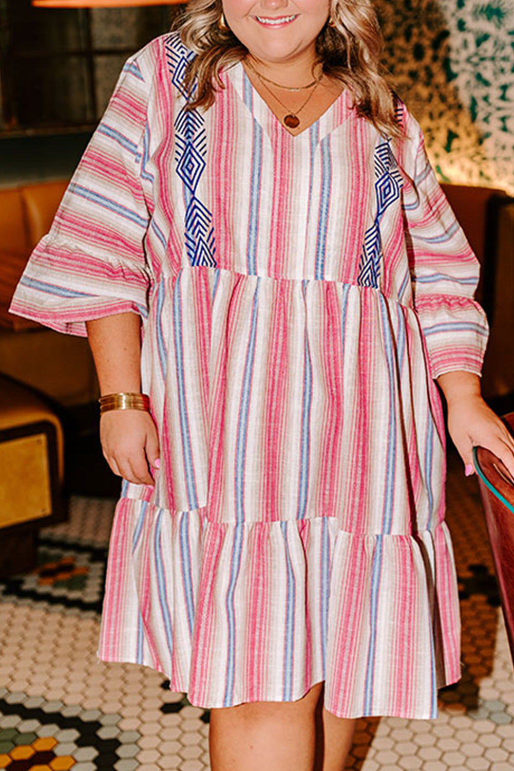 White Stripe Plus Size Embroidered Detail Flared 3/4 Sleeve V Neck Dress