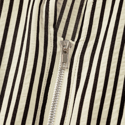 Black Stripe V Neck Zip Front Cinched High Waist Midi Dress