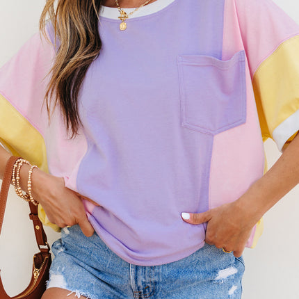 Purple Color Block Patchwork Half Sleeve Oversized T Shirt