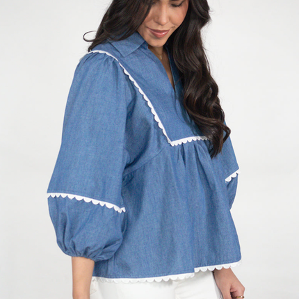 Dusk Blue Lace Ric Rac 3/4 Puff Sleeve Collared Babydoll Blouse