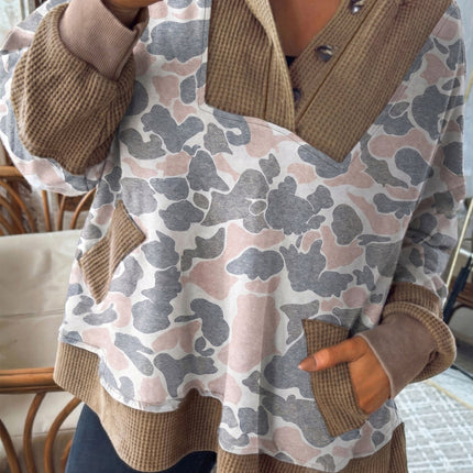 Khaki Camouflage Print Waffle Knit Patchwork Half Zip Plus Size Hoodie