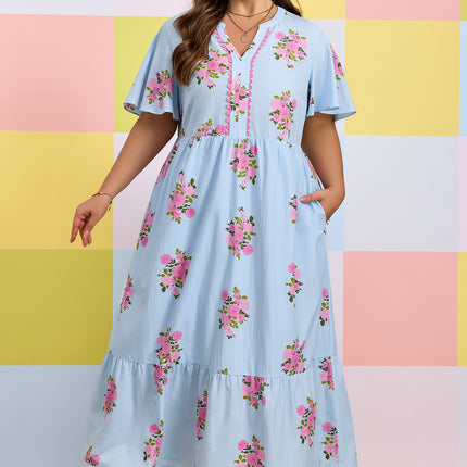 Sky Blue Plus Size Floral Print Scalloped Trim V-Neck Dress