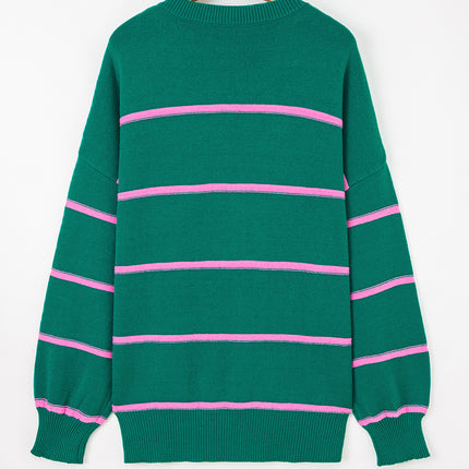 Green Stripe Half Buttons Drop Shoulder Plus Size Sweater