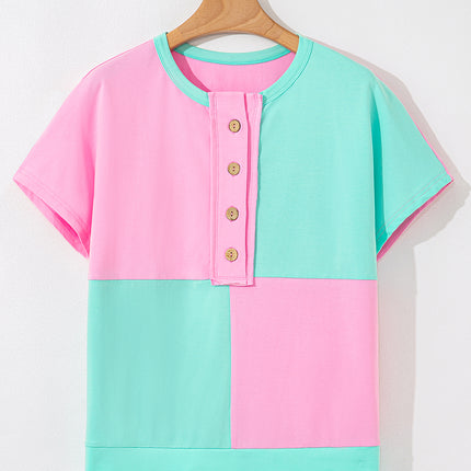 Mint Green Two Tone Half Buttons Collared T Shirt