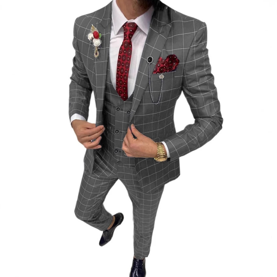Men's Simple Versatile Lattice Suit Three-piece Suit