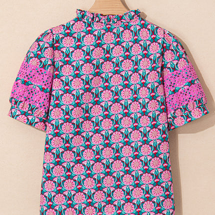 Sachet Pink V-Neck Ruffle Abstract Floral Print Puff Sleeve Top