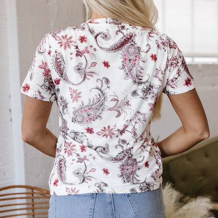White Vintage Paisley Mock Neck T Shirt