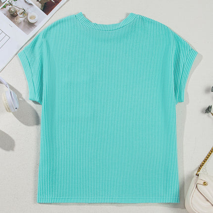 Light Blue Corded Knit Color Block Pocketed Crew Neck T Shirt