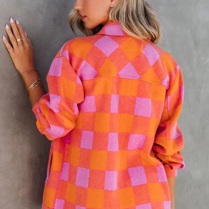 Orange Plaid Chest Pockets Button-up Turn Down Collar Jacket