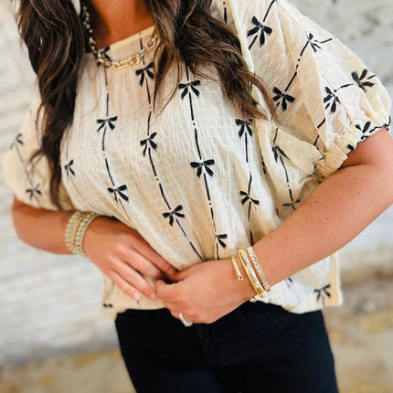 Beige Bow Print Puff Short Sleeve Top