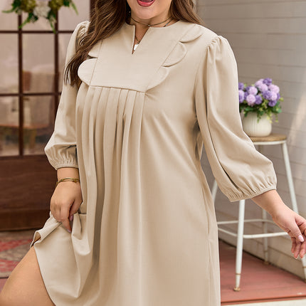 Parchment Notched Neck Scallop Detail Plus Size Mini Dress