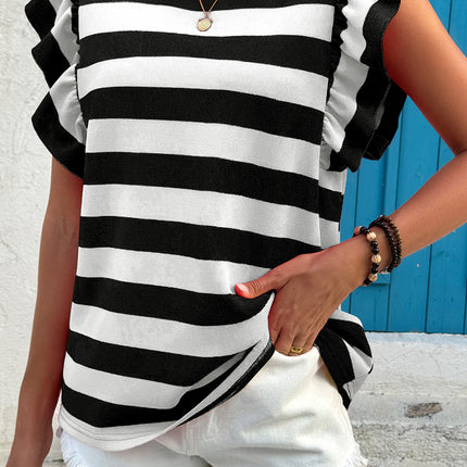 Black Stripe Flutter Sleeve Round Neck T Shirt