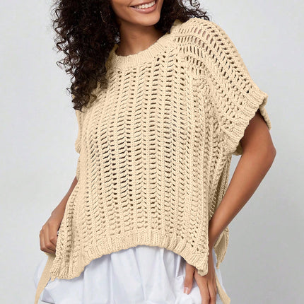 Apricot Plus Size Open Knit Bow Tie Short Sleeve Sweater