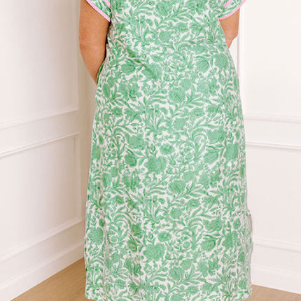 Green Plus Size Contrast Trim Flutter Sleeve Floral Kaftan Maxi Dress