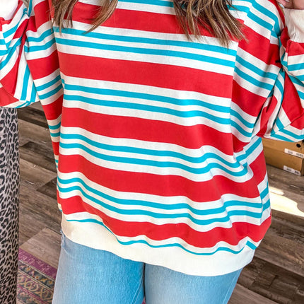 Red Stripe Striped Colorblock Long Sleeve Round Neck Tunic Plus Size Sweatshirt