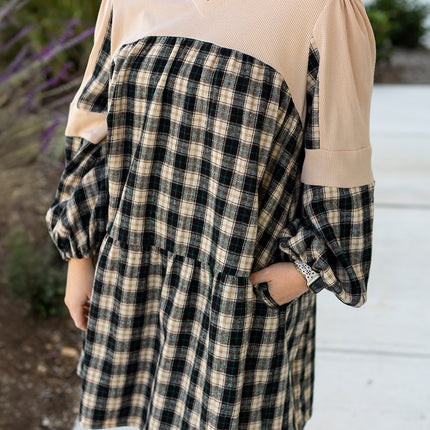 Black Plaid Waffle Knit Patchwork Collared V Neck Plus Size Mini Dress