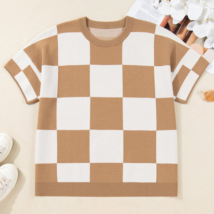 Light French Beige Plus Size Checkered Pattern Knit Short Sleeve Sweater