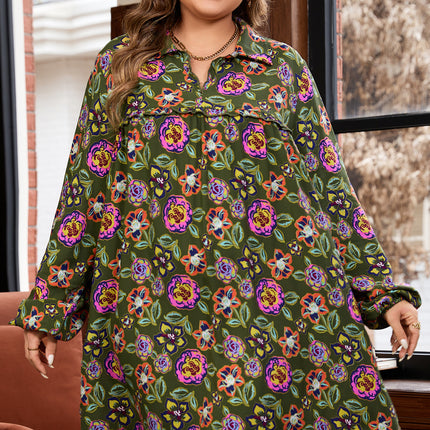 Green Plus Size Floral Print Collared V Neck Loose Mini Dress