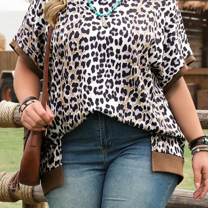 Khaki Leopard Contrast Trim Short Sleeve Loose Plus Size Top