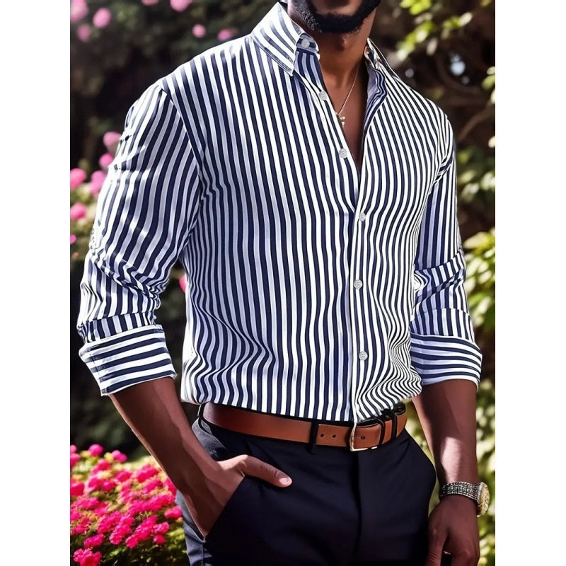 Men's Slim Striped Long Sleeve Shirt Youth Fashion