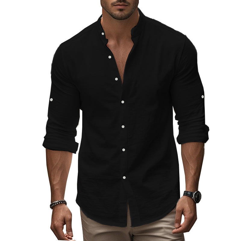Men's Long Sleeve Standing Collar Slim Fit Casual Cotton Shirt