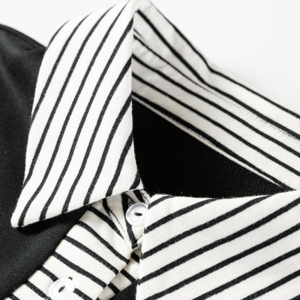 Black Plus Size Striped Cuffs Polo Collar Patchwork Long Sleeve Ruffle Hem Dress