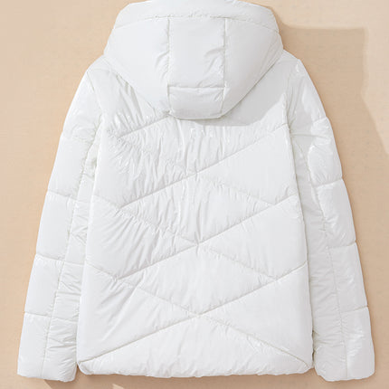 White Solid Quilted Hooded Zip Up Puffer Coat