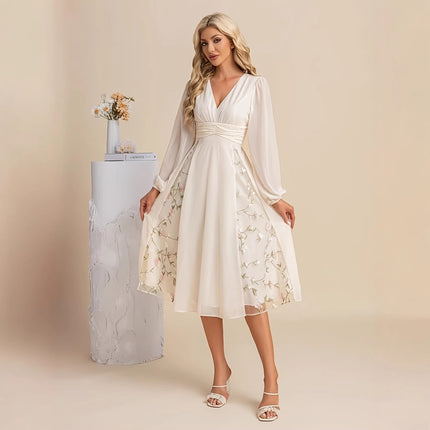 Floral Long-Sleeve V-Neck Pleated Dress For Women
