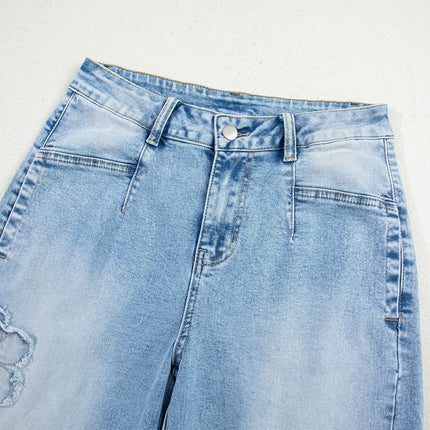 Beau Blue Flower Patched Light Wash Cropped High Waist Jeans