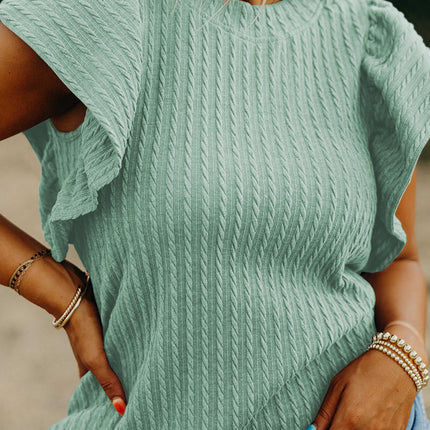 Moonlight Jade Solid Color Textured Flutter Sleeve Top