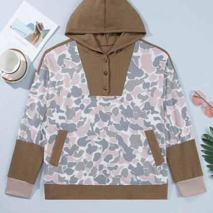Khaki Camouflage Print Waffle Knit Patchwork Half Zip Plus Size Hoodie