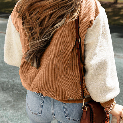 Buckskin Corduroy Fleece Patchwork Buttoned Bomber Jacket