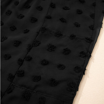 Black Dotty Textured Notched Neck Plus Ruffled Dress