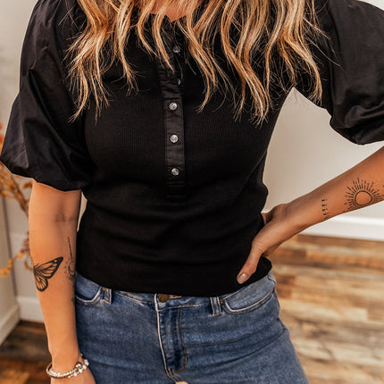 Black Ribbed Patchwork Puff Sleeve Half Button Placket Slim Fit Top