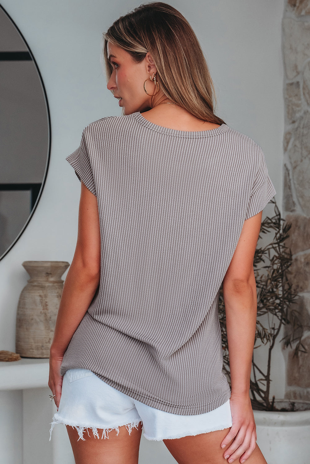 Gray Twisted Rib Wide Sleeve Crew Neck T Shirt