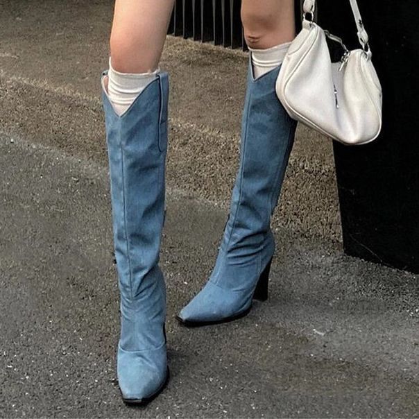 Niche Slimming V Cut Blue Waterproof Platform Western Cowboy Boot