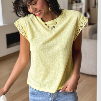 Yellow Cream Lace Patchwork Cap Sleeve Round Neck T Shirt