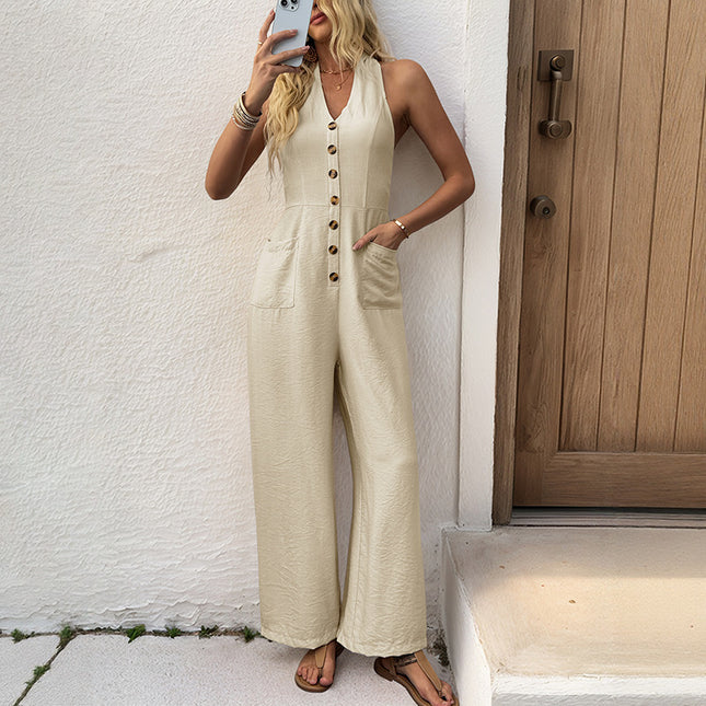 All-matching Simple And Thin Halter Solid Color Wide-leg Jumpsuit