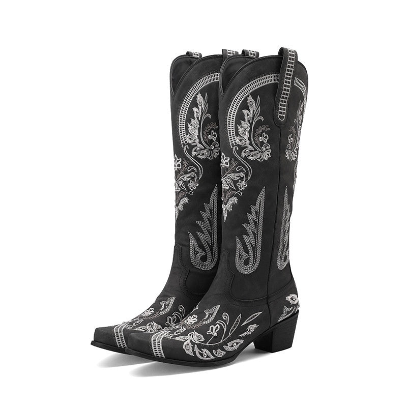 Embroidered Rhinestone Thick High Heel Side Zipper High-top Boots