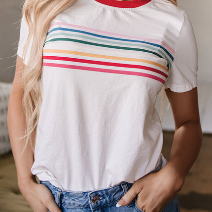 White Rainbow Stripe Print Contrast Crewneck T Shirt