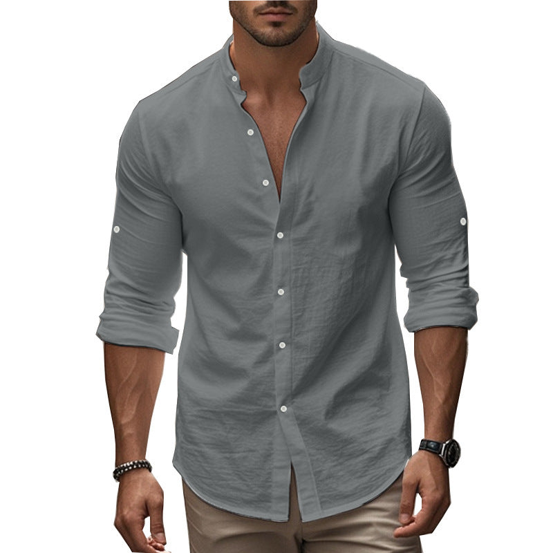 Men's Long Sleeve Standing Collar Slim Fit Casual Cotton Shirt