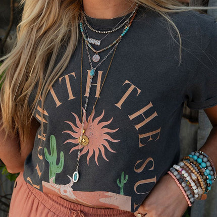 Dark Grey RISE WITH THE SUN Western Fashion Graphic Tee