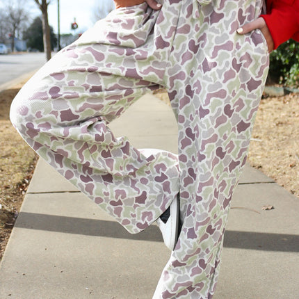 Green Camo Print Drawstring Waist Loose Fit Full Length Pants