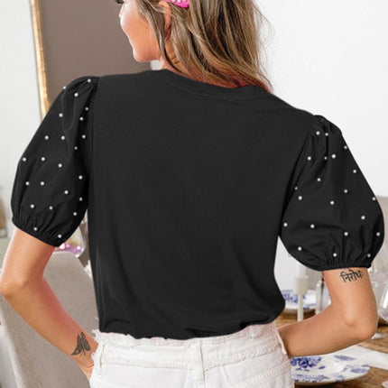 Black Ribbed Pearl Beaded Puff Sleeve Top