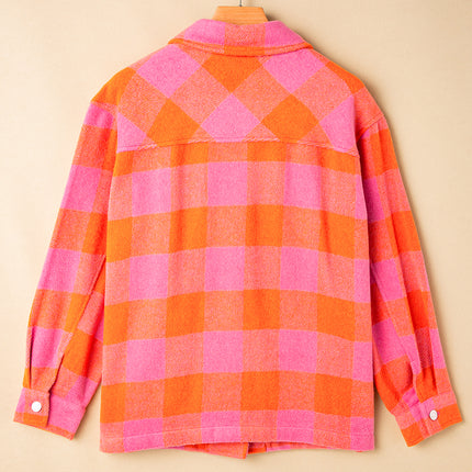Orange Plaid Chest Pockets Button-up Turn Down Collar Jacket