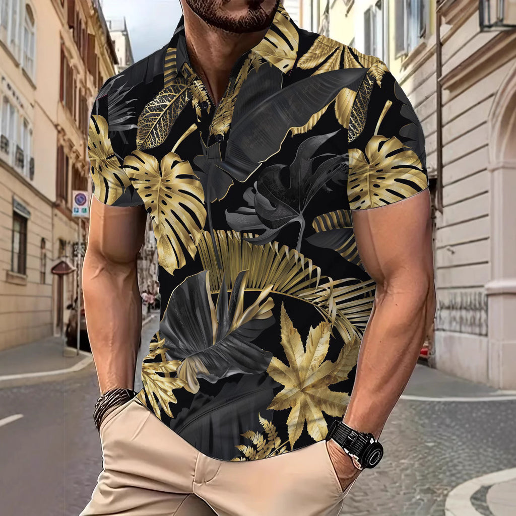 Men's Printed Gold Tropical Plant Pattern Short Sleeve Fashion Printed Shirt