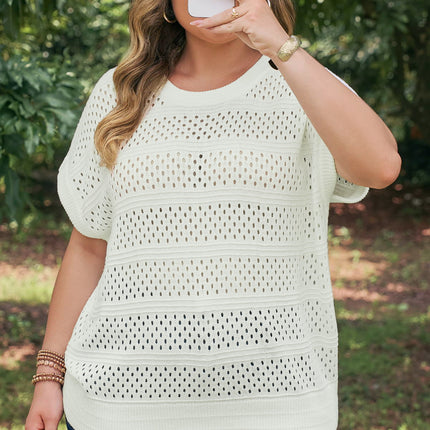 White Plus Size Eyelet Hollow Out Knit Ribbed Trim Short Sleeve Dolman Sweater