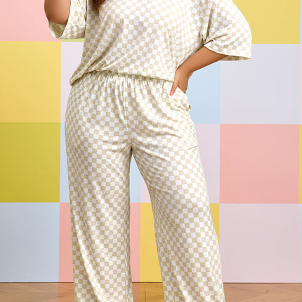 Khaki Plus Size Checkered Print Half Sleeve Tee Loose Pants Two-piece Lounge Set